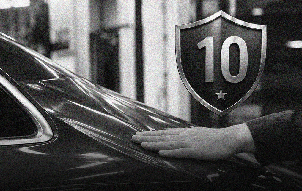 Paint protection film installation with a warranty shield graphic