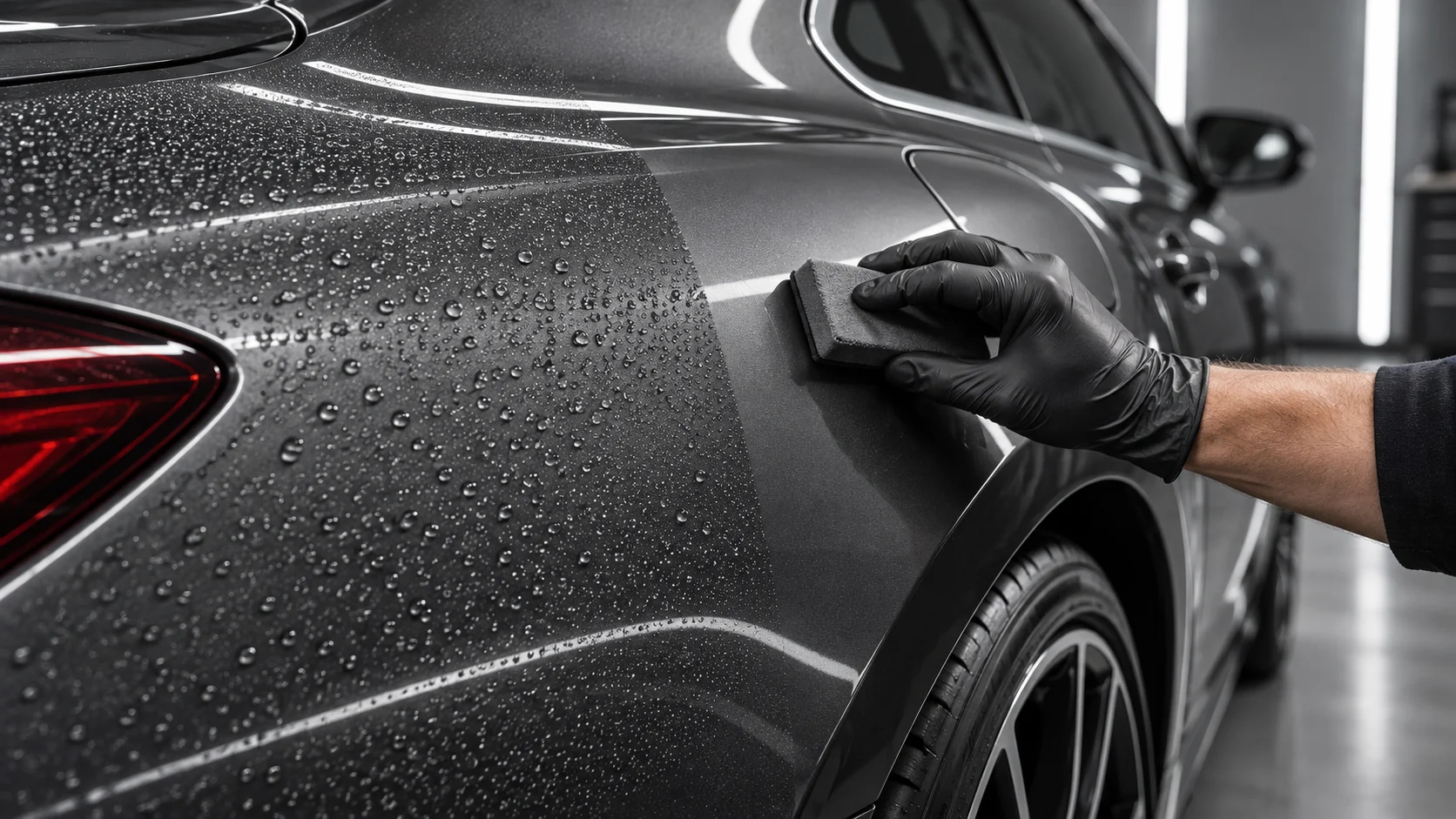 technician applying ceramic coating to a graphite vehicle panel