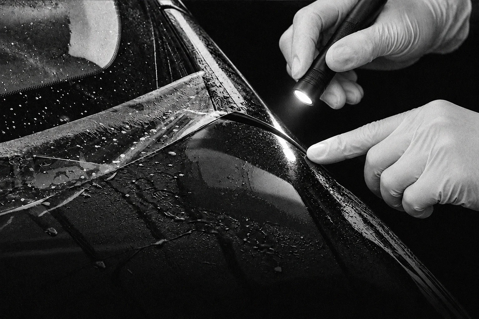 installer inspecting a paint protection film edge with a light